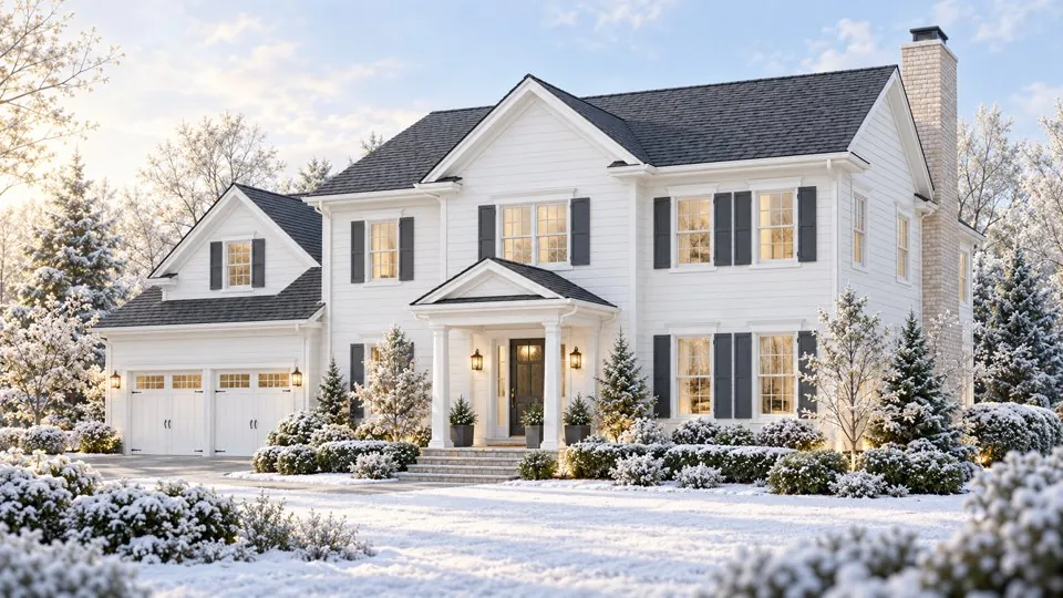 A white New Jersey colonial home in winter