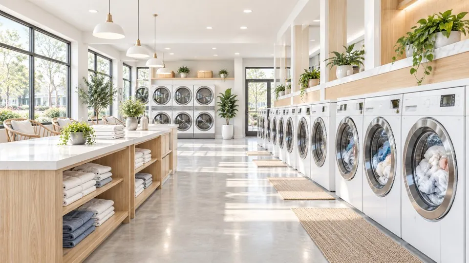 A bright, modern laundromat with rows of white front-load washers